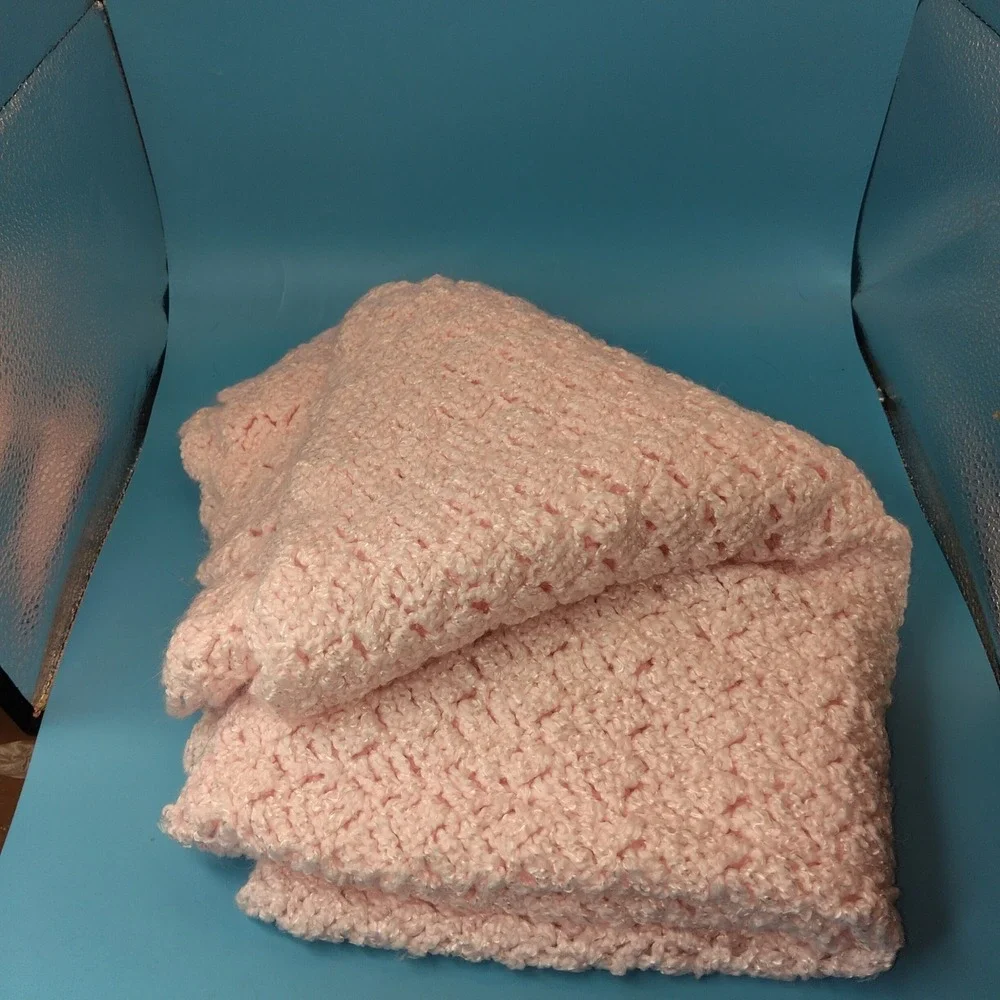 Handmade Pink Crochet Baby Blanket Textured Waffle Knit Soft Nursery Throw 42x40